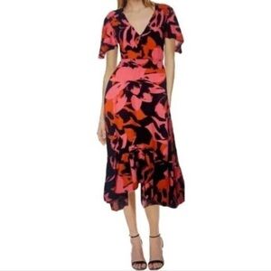 Abel the Label Floral Midi Dress Size XS Black Pink Ruffle Hem and Sleeves EUC
